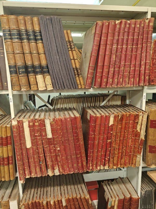 Полки книгохранилища с рядами старых переплётов в кожаных корешках